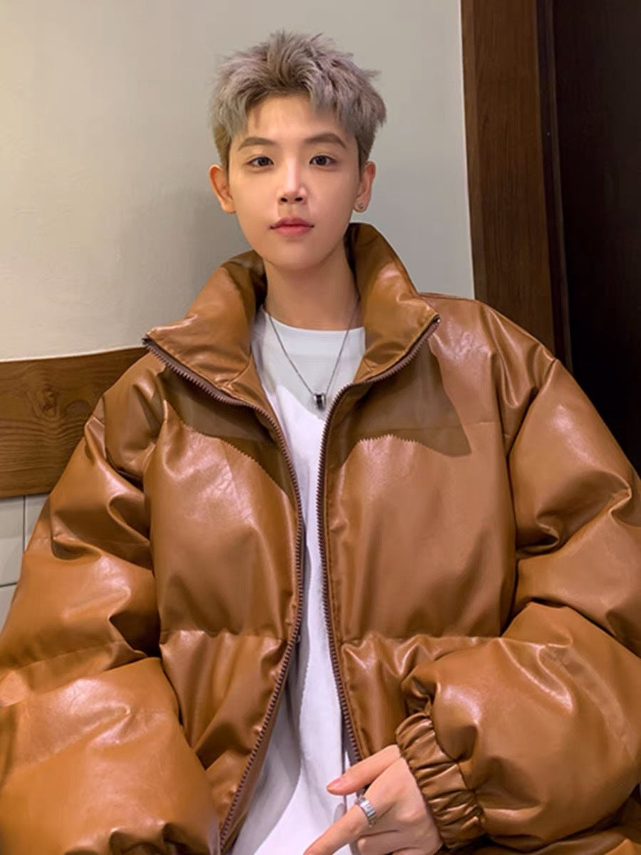 メンズ無地PUレザーダウンジャケットアウター冬