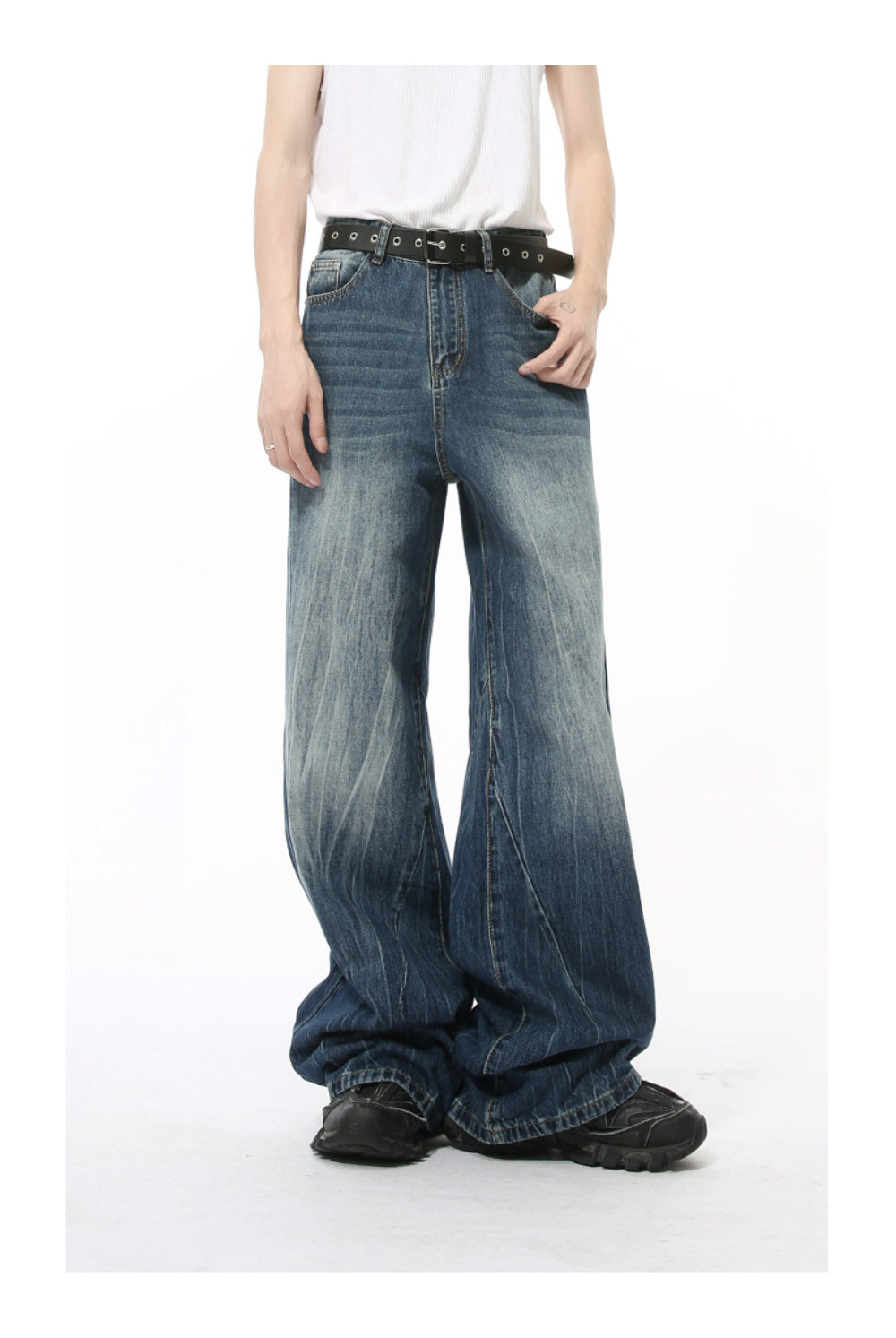 MTLCLOTHES ワイドデニムパンツ ウォッシュド 無地 ジーンズ