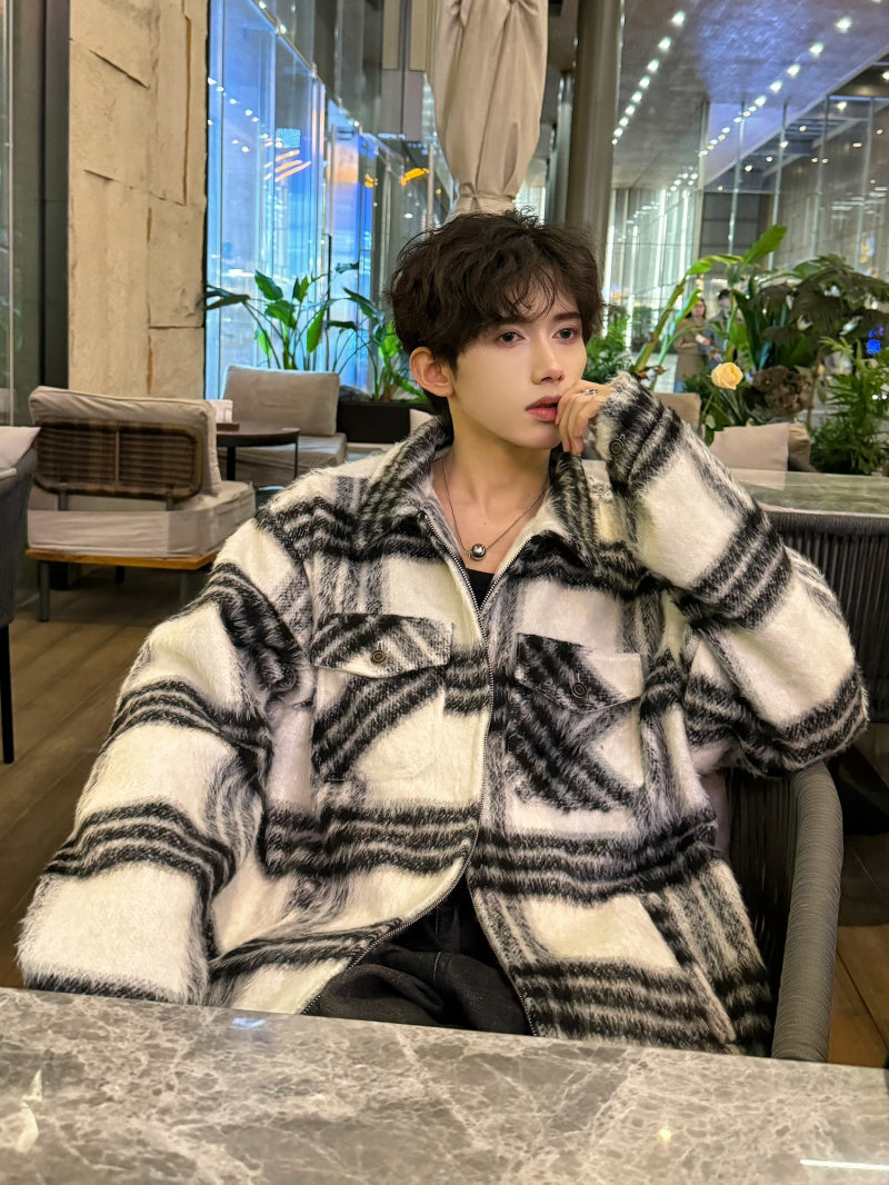 モヘアタッチ チェック ブルゾン ジップアップ アウター nr2561