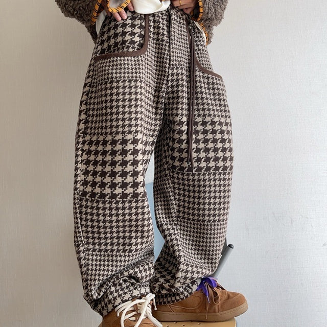 パンツ 千鳥格子柄 ブラウン 暖かい ゆったり ボトムス メンズ