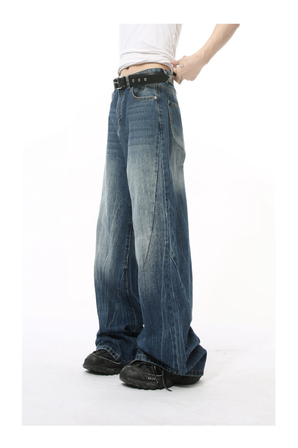 MTLCLOTHES ワイドデニムパンツ ウォッシュド 無地 ジーンズ
