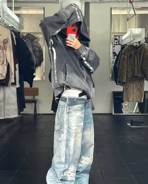 メンズ ダブルウエスト ベルト付きワイドレッグ ルーズ ジーンズ