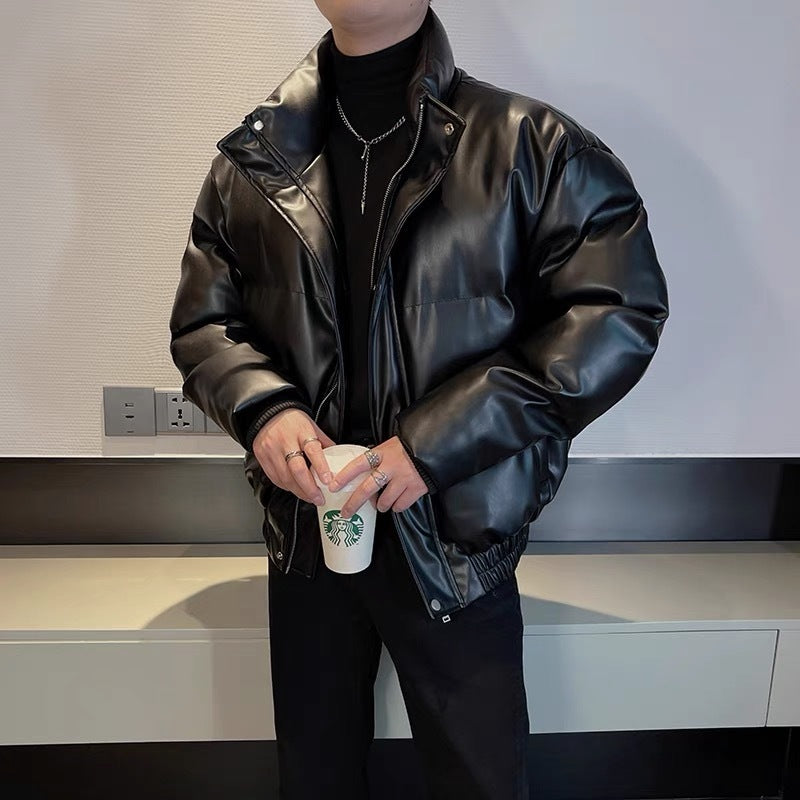 メンズ無地PUレザーダウンジャケットアウター秋冬