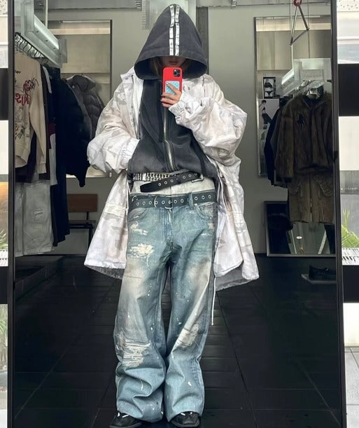 メンズ ダブルウエスト ベルト付きワイドレッグ ルーズ ジーンズ