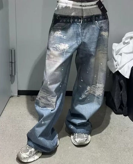 メンズ ダブルウエスト ベルト付きワイドレッグ ルーズ ジーンズ