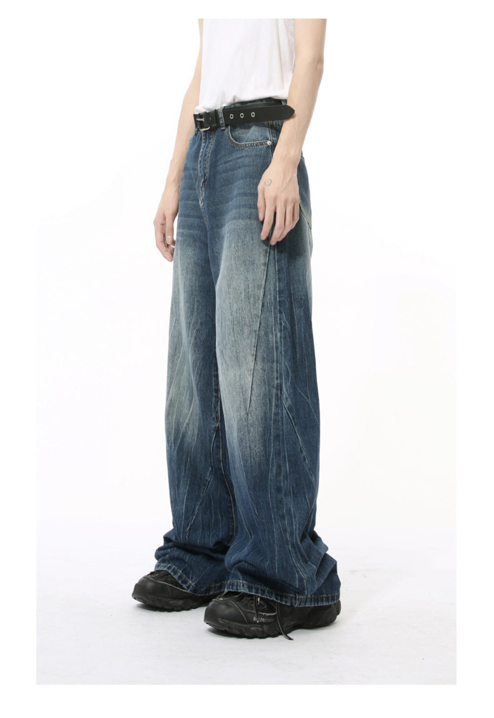 MTLCLOTHES ワイドデニムパンツ ウォッシュド 無地 ジーンズ