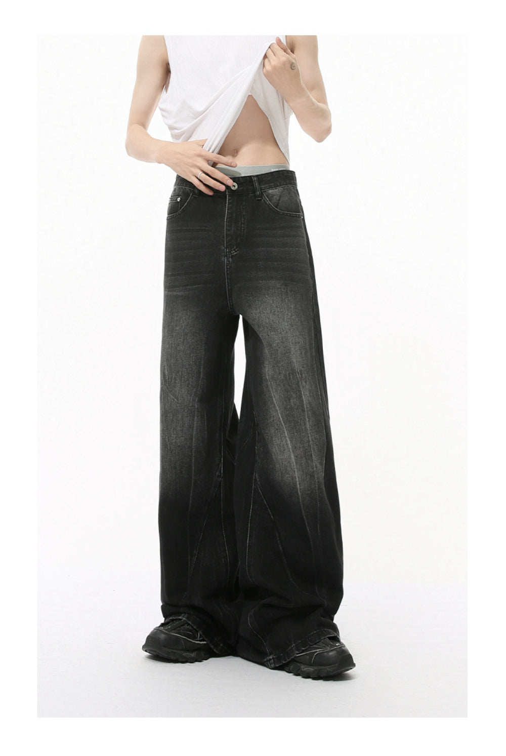 MTLCLOTHES ワイドデニムパンツ ウォッシュド 無地 ジーンズ