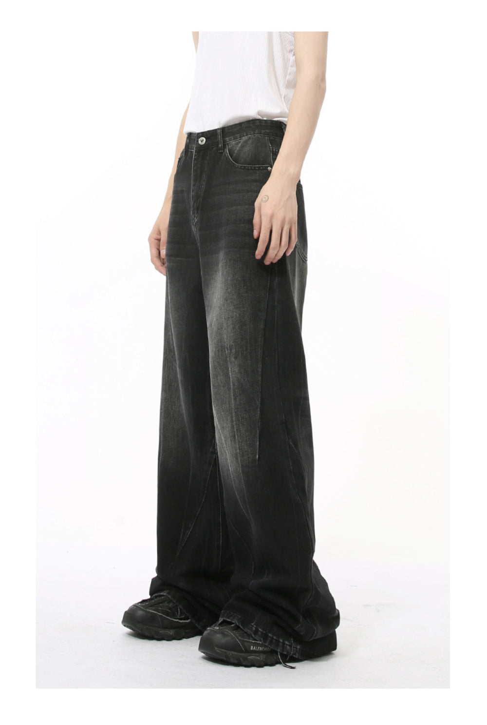 MTLCLOTHES ワイドデニムパンツ ウォッシュド 無地 ジーンズ