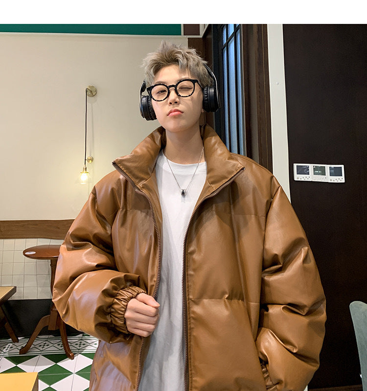 メンズ無地PUレザーダウンジャケットアウター冬