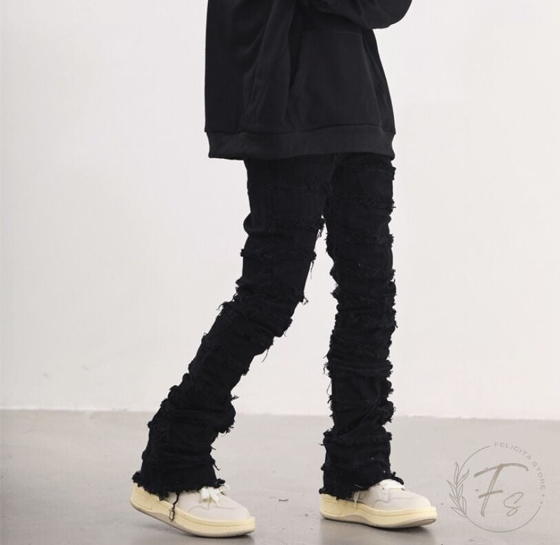 メンズ クラッシュ デニムパンツ フレア ストリートスタイル
