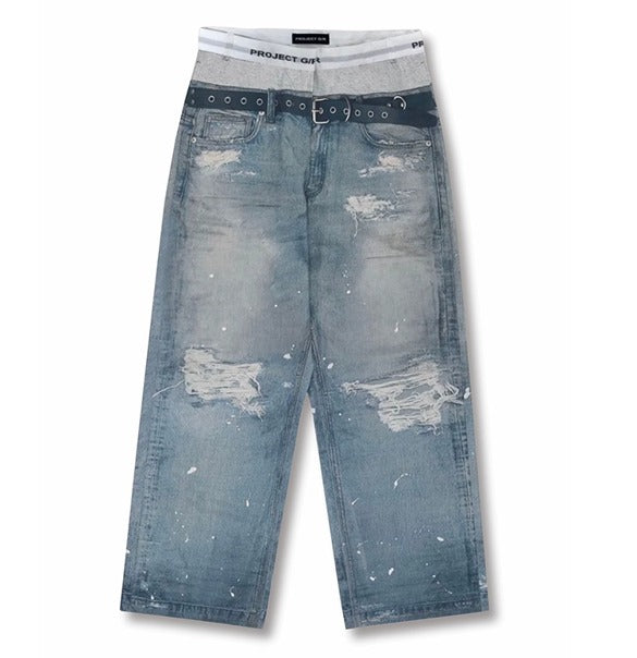 メンズ ダブルウエスト ベルト付きワイドレッグ ルーズ ジーンズ