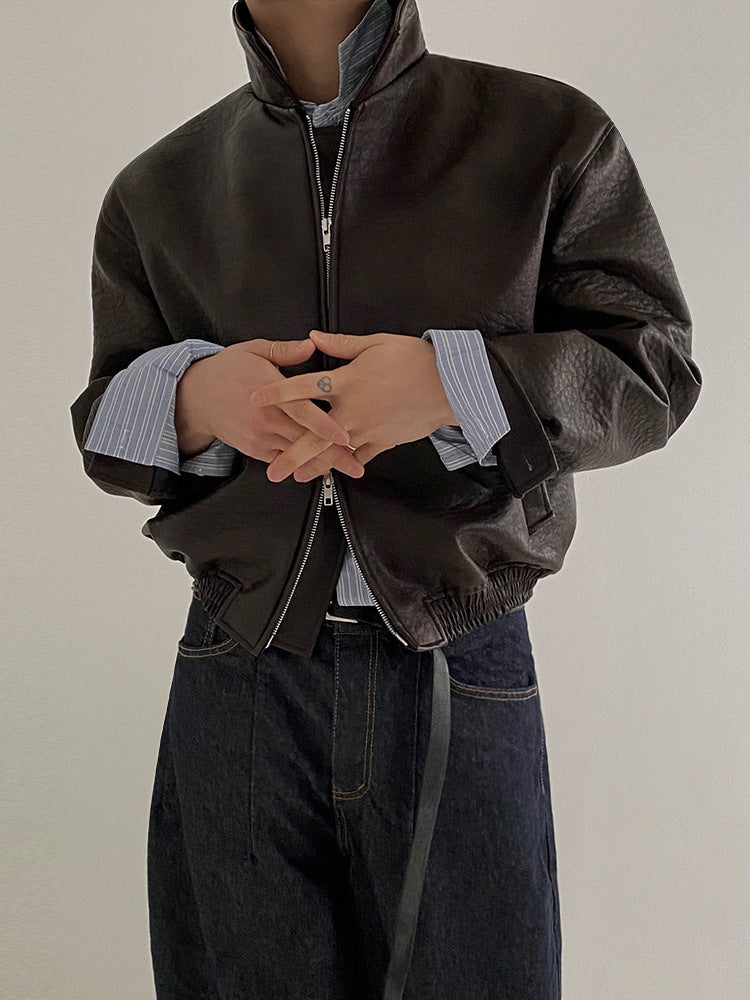 ショート レザー ジャケット 韓国 ブルゾン 秋冬 2色 hr6310