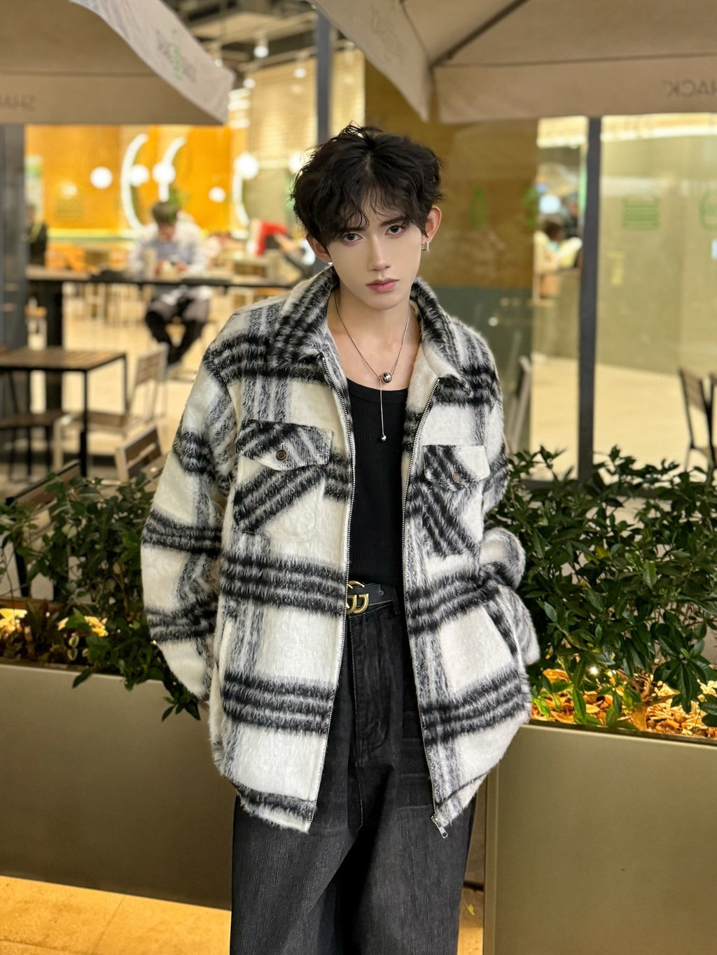 モヘアタッチ チェック ブルゾン ジップアップ アウター nr2561